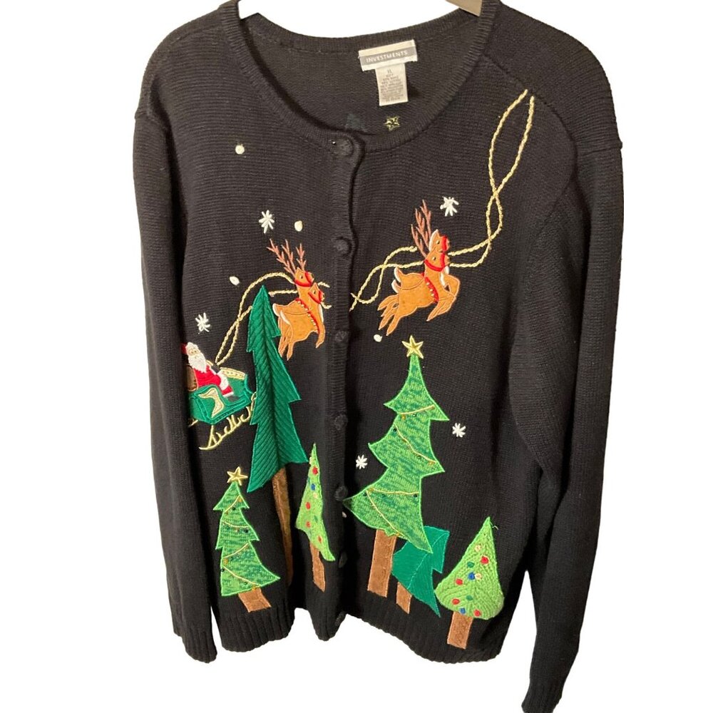 Investments XL Black Christmas Sweater With Santa & Reindeer Embroidery‎